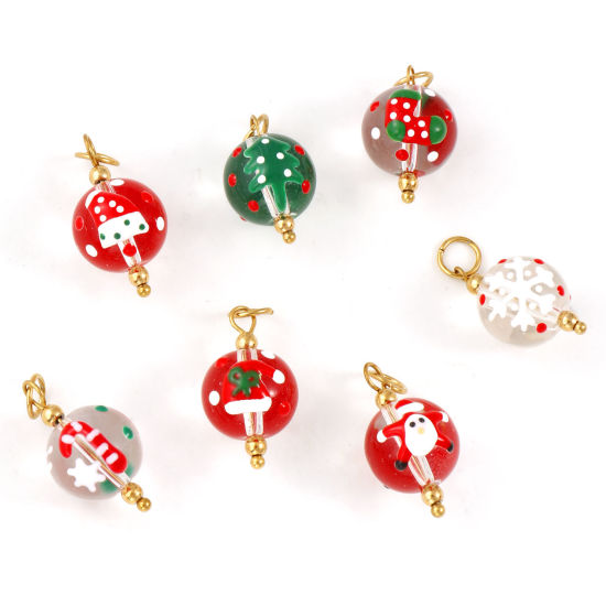 Изображение 2 ШТ Экологичное вакуумное PVD-покрытие 304 Нержавеющеая Сталь И Смолы Рождество Подвески 18K позолоченный С Эмалью Cфера 25мм x 12мм