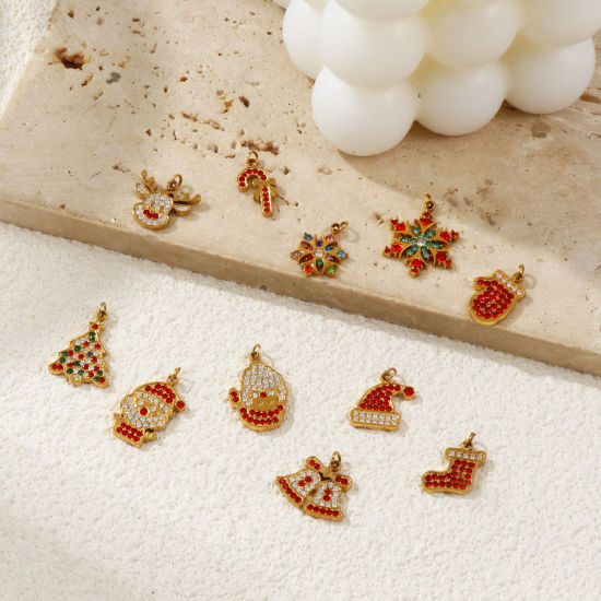 Изображение 1 ШТ Экологичное вакуумное PVD-покрытие 304 Нержавеющая Сталь & Циркон Рождество Подвески 18K настоящее золото с покрытием