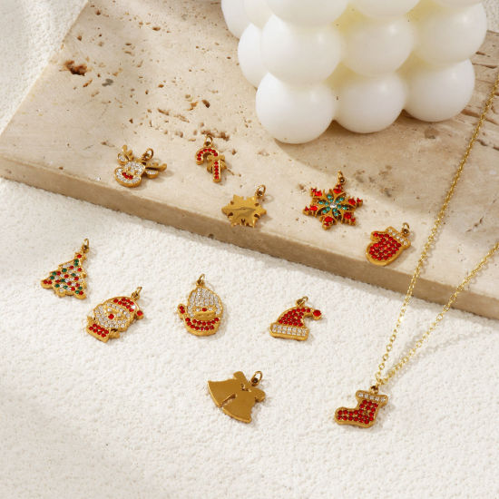 Изображение 1 ШТ Экологичное вакуумное PVD-покрытие 304 Нержавеющая Сталь & Циркон Рождество Подвески 18K настоящее золото с покрытием