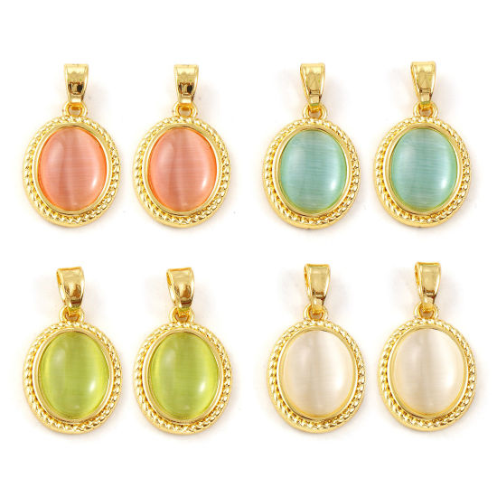 Immagine di 2 Pz Ottone & Resina Ciondoli Pendenti Placcato Oro 18K Ovale Imitazione di occhio di gatto 20mm x 12mm