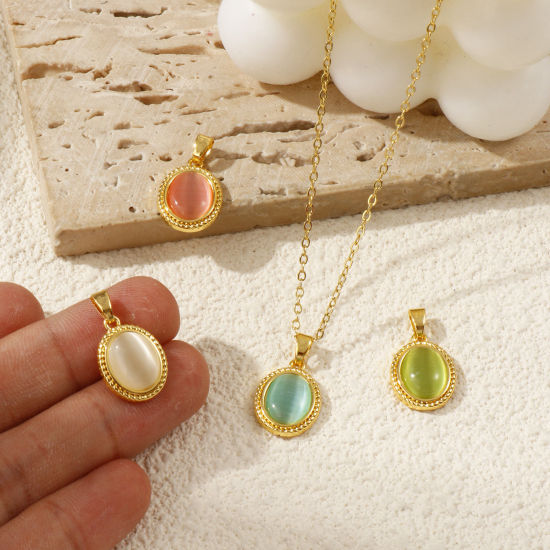 Immagine di 2 Pz Ottone & Resina Ciondoli Pendenti Placcato Oro 18K Ovale Imitazione di occhio di gatto 20mm x 12mm