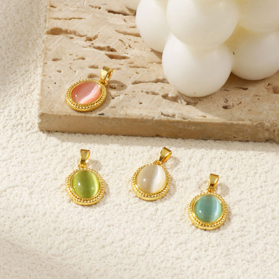 Immagine di 2 Pz Ottone & Resina Ciondoli Pendenti Placcato Oro 18K Ovale Imitazione di occhio di gatto 20mm x 12mm