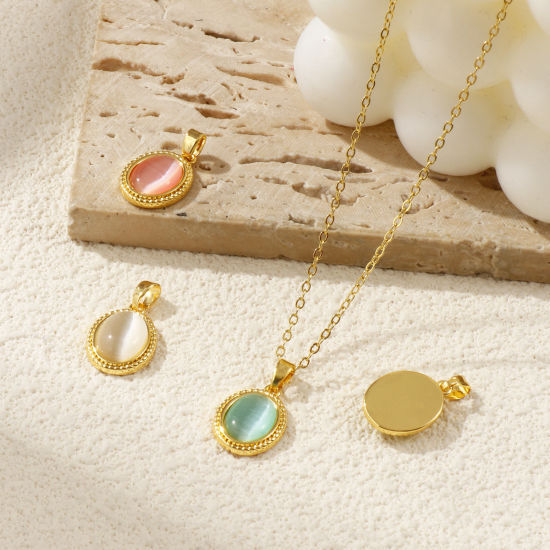 Immagine di 2 Pz Ottone & Resina Ciondoli Pendenti Placcato Oro 18K Ovale Imitazione di occhio di gatto 20mm x 12mm