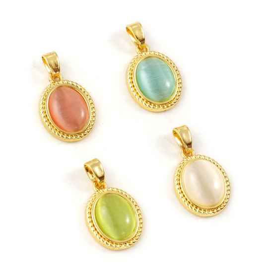 Immagine di 2 Pz Ottone & Resina Ciondoli Pendenti Placcato Oro 18K Ovale Imitazione di occhio di gatto 20mm x 12mm