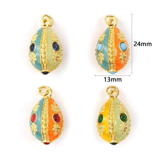 1 個 真鍮 & ラインストーン チャーム 18Kゴールドメッキ 多色 エナメル イースターエッグ 3D 24mm x 13mm、 の画像
