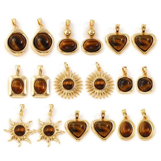 Immagine di 1 Pz Ottone & Pietra di Occhi di Tigre Ciondoli Placcato Oro 18K Marrone