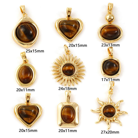 Immagine di 1 Pz Ottone & Pietra di Occhi di Tigre Ciondoli Placcato Oro 18K Marrone