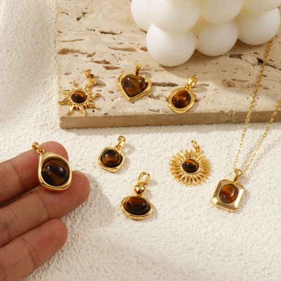 Immagine di 1 Pz Ottone & Pietra di Occhi di Tigre Ciondoli Placcato Oro 18K Marrone