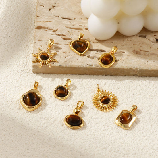 Immagine di 1 Pz Ottone & Pietra di Occhi di Tigre Ciondoli Placcato Oro 18K Marrone