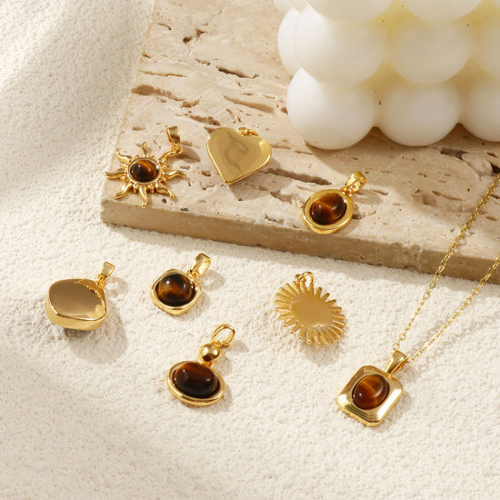 Immagine di 1 Pz Ottone & Pietra di Occhi di Tigre Ciondoli Placcato Oro 18K Marrone