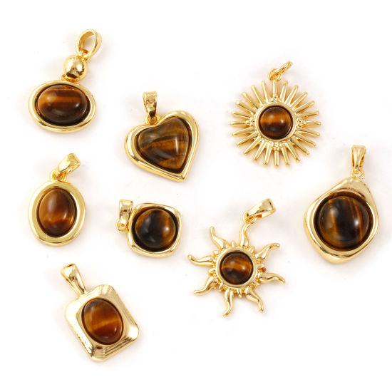 Immagine di 1 Pz Ottone & Pietra di Occhi di Tigre Ciondoli Placcato Oro 18K Marrone