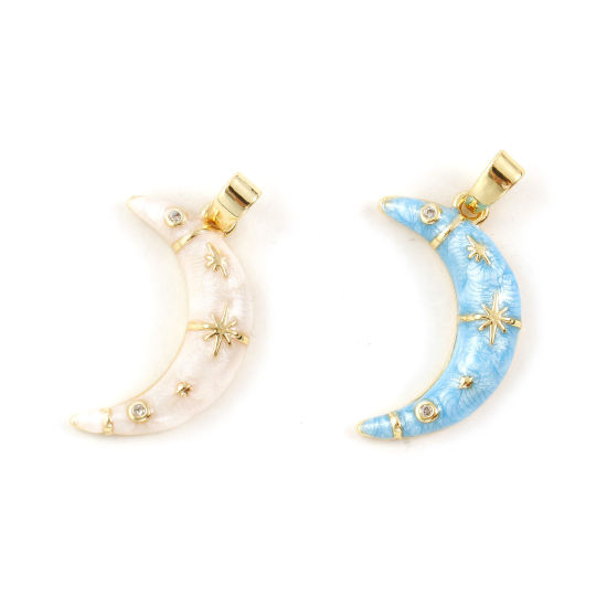 Изображение 2 ШТ Экологичный Латунь галактика Подвески 18K настоящее золото с покрытием С Эмалью Луна половина Звезда Перлитный Прозрачный Искусственный Циркон 24мм x 12мм