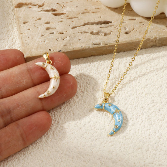 Изображение 2 ШТ Экологичный Латунь галактика Подвески 18K настоящее золото с покрытием С Эмалью Луна половина Звезда Перлитный Прозрачный Искусственный Циркон 24мм x 12мм