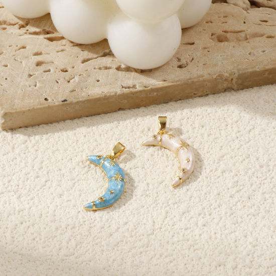 Изображение 2 ШТ Экологичный Латунь галактика Подвески 18K настоящее золото с покрытием С Эмалью Луна половина Звезда Перлитный Прозрачный Искусственный Циркон 24мм x 12мм