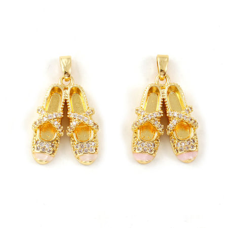 Eco-friendly Brass Clothes Charm Pendant 18K Real Gold Plated Enamel Ballet Shoes Pearlized Clear Cubic Zirconia 25mm x 15mm