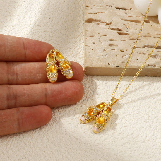 Изображение 2 ШТ Экологичный Латунь одежда Подвески 18K настоящее золото с покрытием С Эмалью Балетная обувь Перлитный Прозрачный Искусственный Циркон 25мм x 15мм