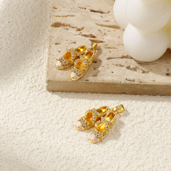 Изображение 2 ШТ Экологичный Латунь одежда Подвески 18K настоящее золото с покрытием С Эмалью Балетная обувь Перлитный Прозрачный Искусственный Циркон 25мм x 15мм