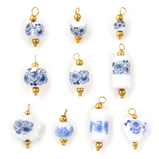 Immagine di 2 Pz Ecologico 304 Acciaio Inossidabile & Ceramica Ciondoli Placcato Oro 18K Geometrica Fiore di Susina