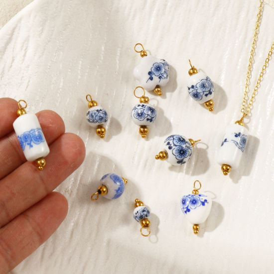 Immagine di 2 Pz Ecologico 304 Acciaio Inossidabile & Ceramica Ciondoli Placcato Oro 18K Geometrica Fiore di Susina