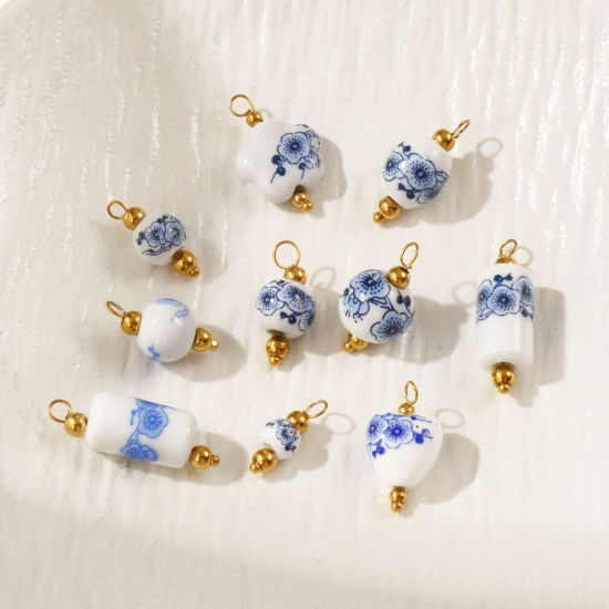 Immagine di 2 Pz Ecologico 304 Acciaio Inossidabile & Ceramica Ciondoli Placcato Oro 18K Geometrica Fiore di Susina