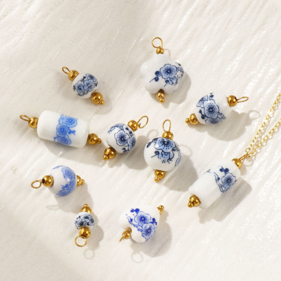 Immagine di 2 Pz Ecologico 304 Acciaio Inossidabile & Ceramica Ciondoli Placcato Oro 18K Geometrica Fiore di Susina