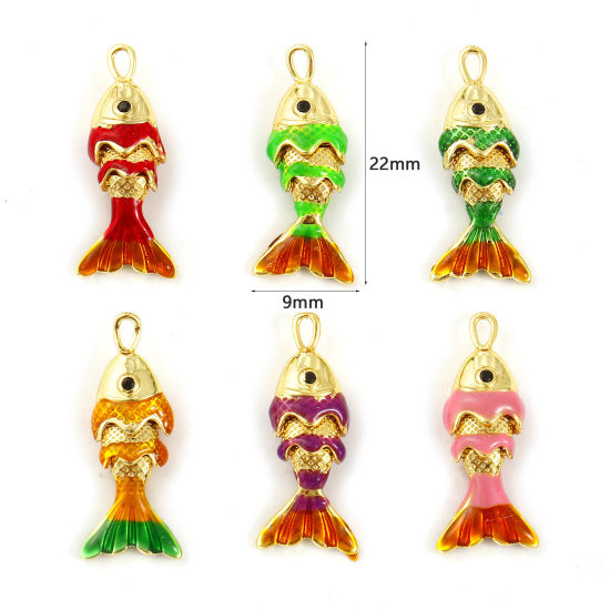 Picture of Brass Ocean Jewelry Charms 18K Gold Plated Enamel Fish Animal 3D Movable Black Cubic Zirconia 22mm x 9mm