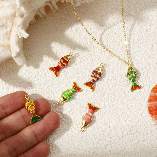 Picture of Brass Ocean Jewelry Charms 18K Gold Plated Enamel Fish Animal 3D Movable Black Cubic Zirconia 22mm x 9mm