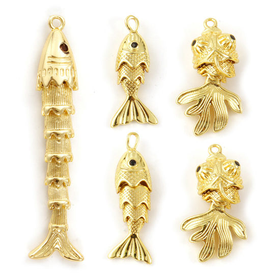 Изображение 1 ШТ Латунь Морские Украшения Подвески 18K позолоченный Рыба Черный Искусственный Циркон
