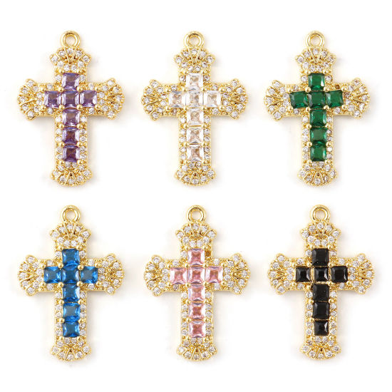 Bild von Messing + Kubisch Zirkonia Religiös Charms 18K Vergoldet Kreuz Micro Pave 23.5mm x 16mm