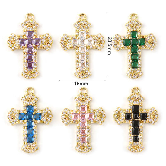Bild von Messing + Kubisch Zirkonia Religiös Charms 18K Vergoldet Kreuz Micro Pave 23.5mm x 16mm