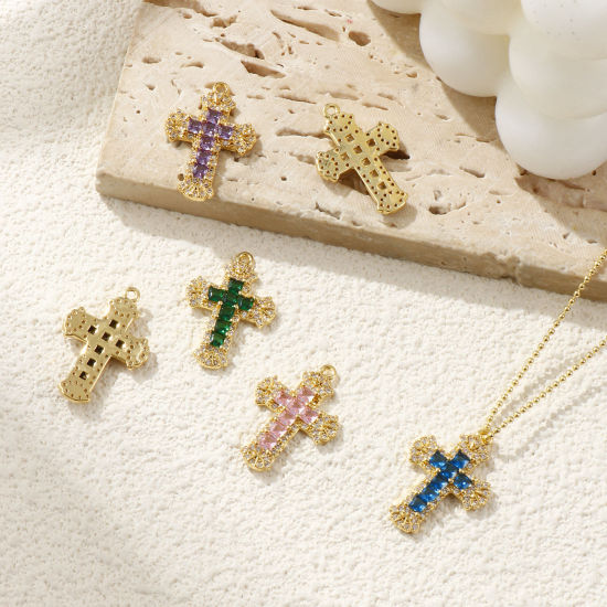 Bild von Messing + Kubisch Zirkonia Religiös Charms 18K Vergoldet Kreuz Micro Pave 23.5mm x 16mm