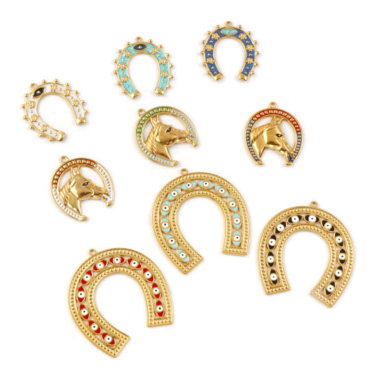 Immagine di 1 Pz Placcatura Sottovuoto PVD Ecologica 304 Acciaio Inossidabile Cowboy dell'Ovest Ciondoli 18K Vero Oro Placcato Smalto Ferro di Cavallo