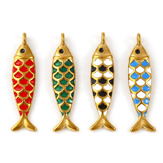 Immagine di 2 Pz Placcatura Sottovuoto PVD Ecologica 304 Acciaio Inossidabile Gioielli Oceanici Ciondoli Pendenti 18K Vero Oro Placcato Smalto Pesce 3D 4.9cm x 1.3cm