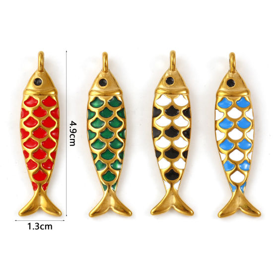 Immagine di 2 Pz Placcatura Sottovuoto PVD Ecologica 304 Acciaio Inossidabile Gioielli Oceanici Ciondoli Pendenti 18K Vero Oro Placcato Smalto Pesce 3D 4.9cm x 1.3cm