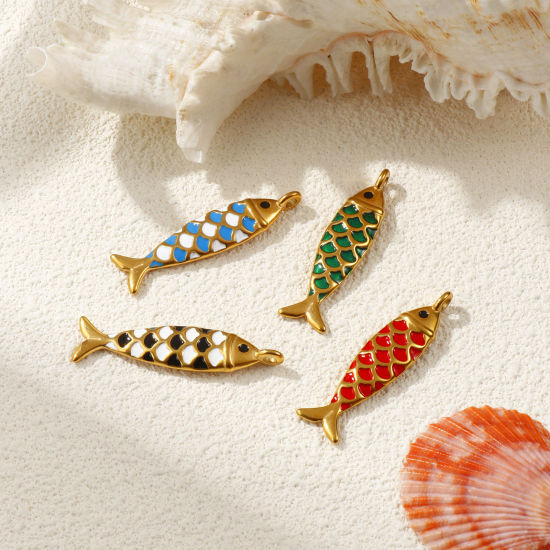 Immagine di 2 Pz Placcatura Sottovuoto PVD Ecologica 304 Acciaio Inossidabile Gioielli Oceanici Ciondoli Pendenti 18K Vero Oro Placcato Smalto Pesce 3D 4.9cm x 1.3cm
