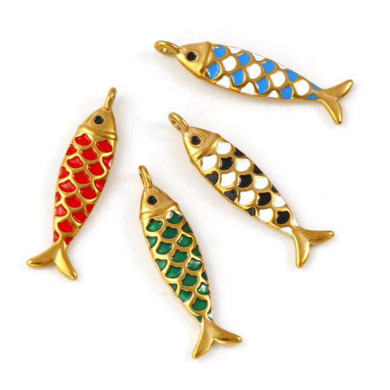 Immagine di 2 Pz Placcatura Sottovuoto PVD Ecologica 304 Acciaio Inossidabile Gioielli Oceanici Ciondoli Pendenti 18K Vero Oro Placcato Smalto Pesce 3D 4.9cm x 1.3cm