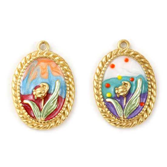 Immagine di 1 Pz Placcatura Sottovuoto PVD Ecologica 304 Acciaio Inossidabile Ciondoli Pendenti 18K Vero Oro Placcato Multicolore Smalto Ovale Fiore del Tulipano Madreperla 3cm x 2.1cm