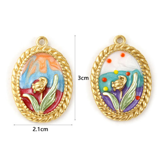 Immagine di 1 Pz Placcatura Sottovuoto PVD Ecologica 304 Acciaio Inossidabile Ciondoli Pendenti 18K Vero Oro Placcato Multicolore Smalto Ovale Fiore del Tulipano Madreperla 3cm x 2.1cm