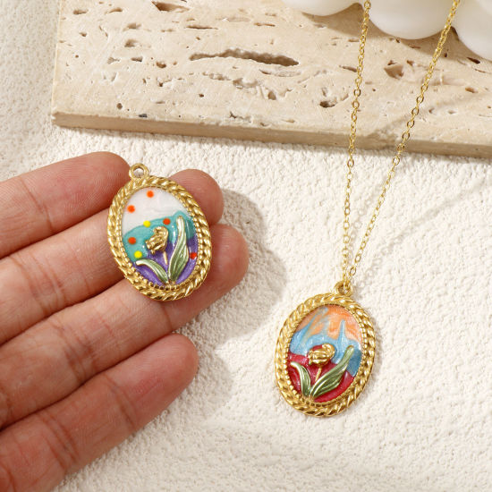 Immagine di 1 Pz Placcatura Sottovuoto PVD Ecologica 304 Acciaio Inossidabile Ciondoli Pendenti 18K Vero Oro Placcato Multicolore Smalto Ovale Fiore del Tulipano Madreperla 3cm x 2.1cm