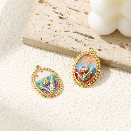 Immagine di 1 Pz Placcatura Sottovuoto PVD Ecologica 304 Acciaio Inossidabile Ciondoli Pendenti 18K Vero Oro Placcato Multicolore Smalto Ovale Fiore del Tulipano Madreperla 3cm x 2.1cm