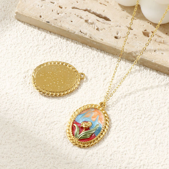 Immagine di 1 Pz Placcatura Sottovuoto PVD Ecologica 304 Acciaio Inossidabile Ciondoli Pendenti 18K Vero Oro Placcato Multicolore Smalto Ovale Fiore del Tulipano Madreperla 3cm x 2.1cm