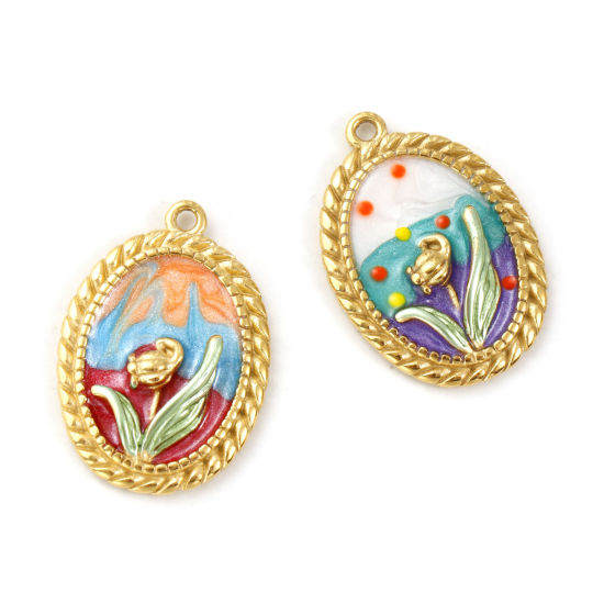 Immagine di 1 Pz Placcatura Sottovuoto PVD Ecologica 304 Acciaio Inossidabile Ciondoli Pendenti 18K Vero Oro Placcato Multicolore Smalto Ovale Fiore del Tulipano Madreperla 3cm x 2.1cm
