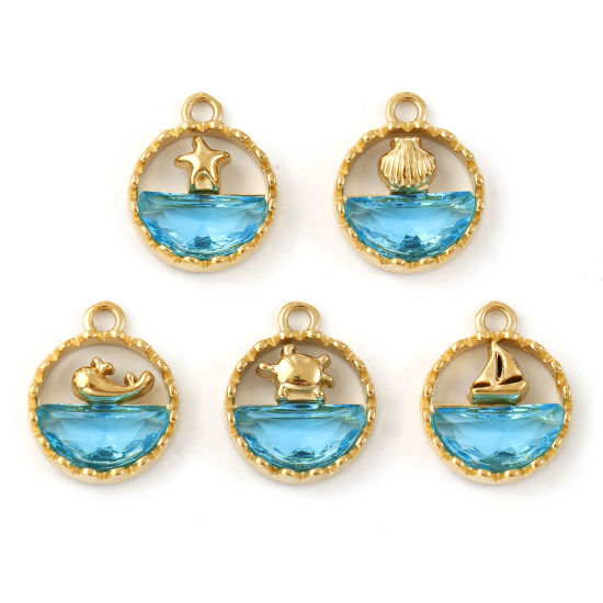 Immagine di 1 Pz Placcatura Sottovuoto PVD Ecologica 304 Acciaio Inossidabile & Vetro Gioielli Oceanici Ciondoli 18K Vero Oro Placcato Blu Tondo Filigrana 18mm x 14.5mm