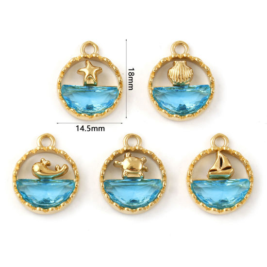 Immagine di 1 Pz Placcatura Sottovuoto PVD Ecologica 304 Acciaio Inossidabile & Vetro Gioielli Oceanici Ciondoli 18K Vero Oro Placcato Blu Tondo Filigrana 18mm x 14.5mm