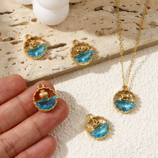 Immagine di 1 Pz Placcatura Sottovuoto PVD Ecologica 304 Acciaio Inossidabile & Vetro Gioielli Oceanici Ciondoli 18K Vero Oro Placcato Blu Tondo Filigrana 18mm x 14.5mm