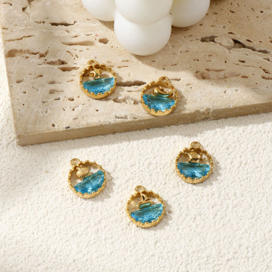 Immagine di 1 Pz Placcatura Sottovuoto PVD Ecologica 304 Acciaio Inossidabile & Vetro Gioielli Oceanici Ciondoli 18K Vero Oro Placcato Blu Tondo Filigrana 18mm x 14.5mm