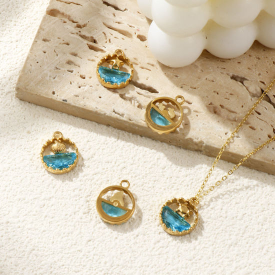 Immagine di 1 Pz Placcatura Sottovuoto PVD Ecologica 304 Acciaio Inossidabile & Vetro Gioielli Oceanici Ciondoli 18K Vero Oro Placcato Blu Tondo Filigrana 18mm x 14.5mm