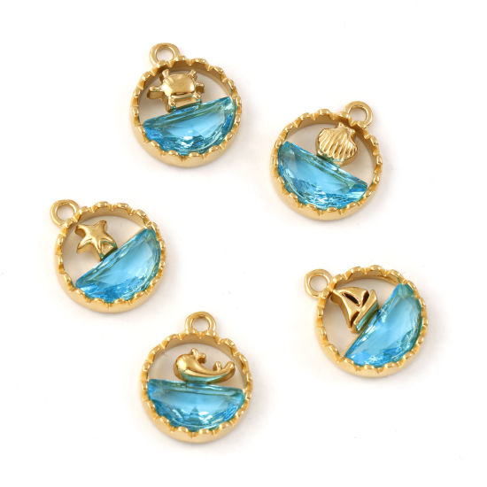 Immagine di 1 Pz Placcatura Sottovuoto PVD Ecologica 304 Acciaio Inossidabile & Vetro Gioielli Oceanici Ciondoli 18K Vero Oro Placcato Blu Tondo Filigrana 18mm x 14.5mm