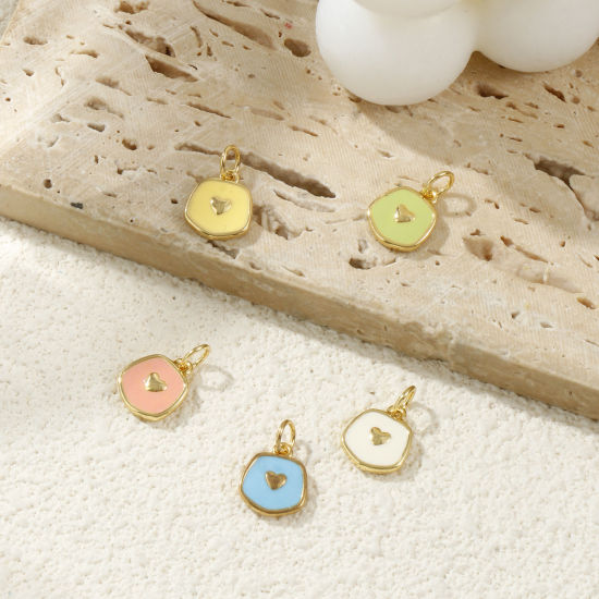 Eco-friendly Brass Valentine's Day Charms 18K Real Gold Plated Enamel Pentagon Heart 15mm x 9mm の画像