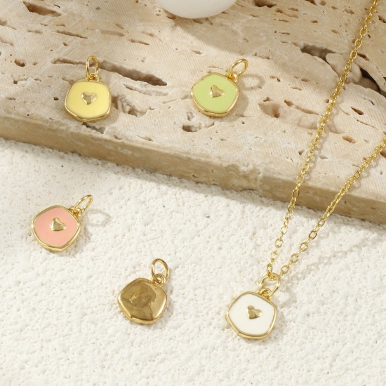 Eco-friendly Brass Valentine's Day Charms 18K Real Gold Plated Enamel Pentagon Heart 15mm x 9mm の画像